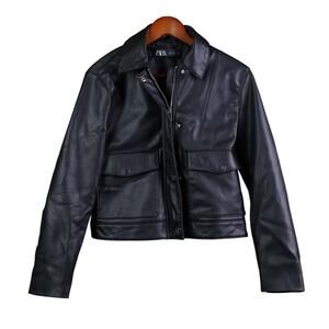 ZARA Faux Leather Moto Jacket Womens Small Black Utility Biker Cropped Zip Gorp